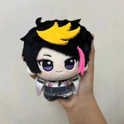Shu Yamino plush keychain clipped to a backpack zip, fanmade chibi VTuber plush keychain shown in everyday carry use