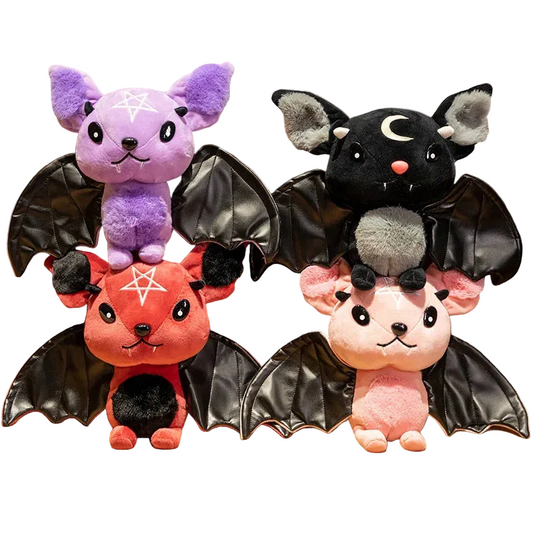 Cute Dark Series Bat Plush Doll 25cm | Pastel Goth Bat Stuffed Toy with Faux Leather Wings and Occult Symbols