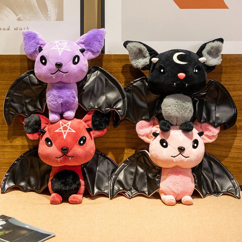 Cute Dark Series Bat Plush Doll 25cm | Pastel Goth Bat Stuffed Toy with Faux Leather Wings and Occult Symbols