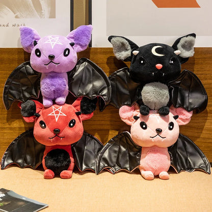 Cute Dark Series Bat Plush Doll 25cm | Pastel Goth Bat Stuffed Toy with Faux Leather Wings and Occult Symbols