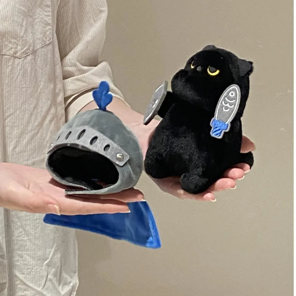 Black Cat Knight Plush Pendant - Handmade Fantasy Armor Cat Stuffed Toy 16cm