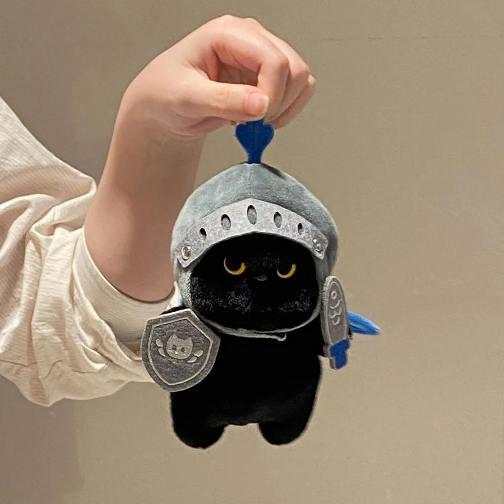 Black Cat Knight Plush Pendant - Handmade Fantasy Armor Cat Stuffed Toy 16cm