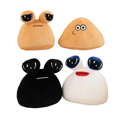 Sad Pou plushie in classic brown colorway with droopy eyes and dejected expression, 22cm size