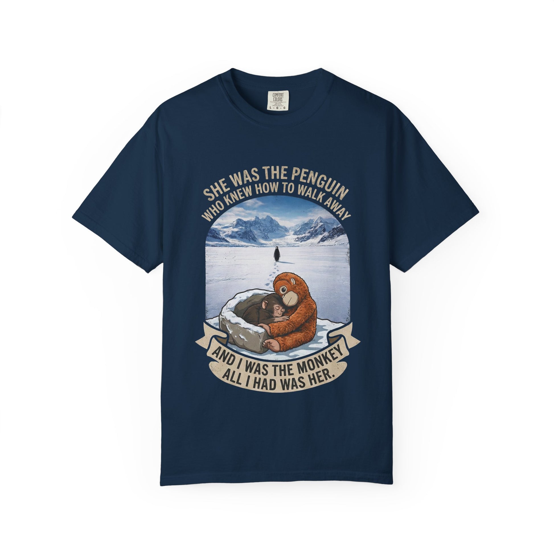 Sad penguin and Punch Monkey artistic t-shirt design