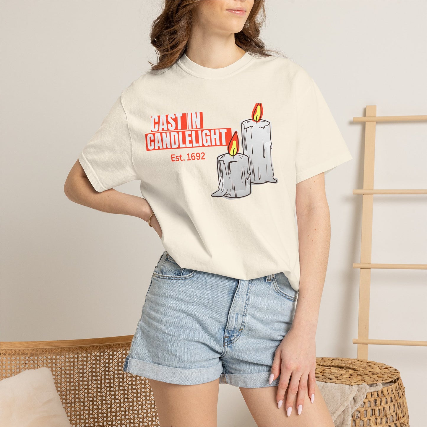 Salem 1692 witch aesthetic shirt displayed in multiple colorways on dark wooden surface
