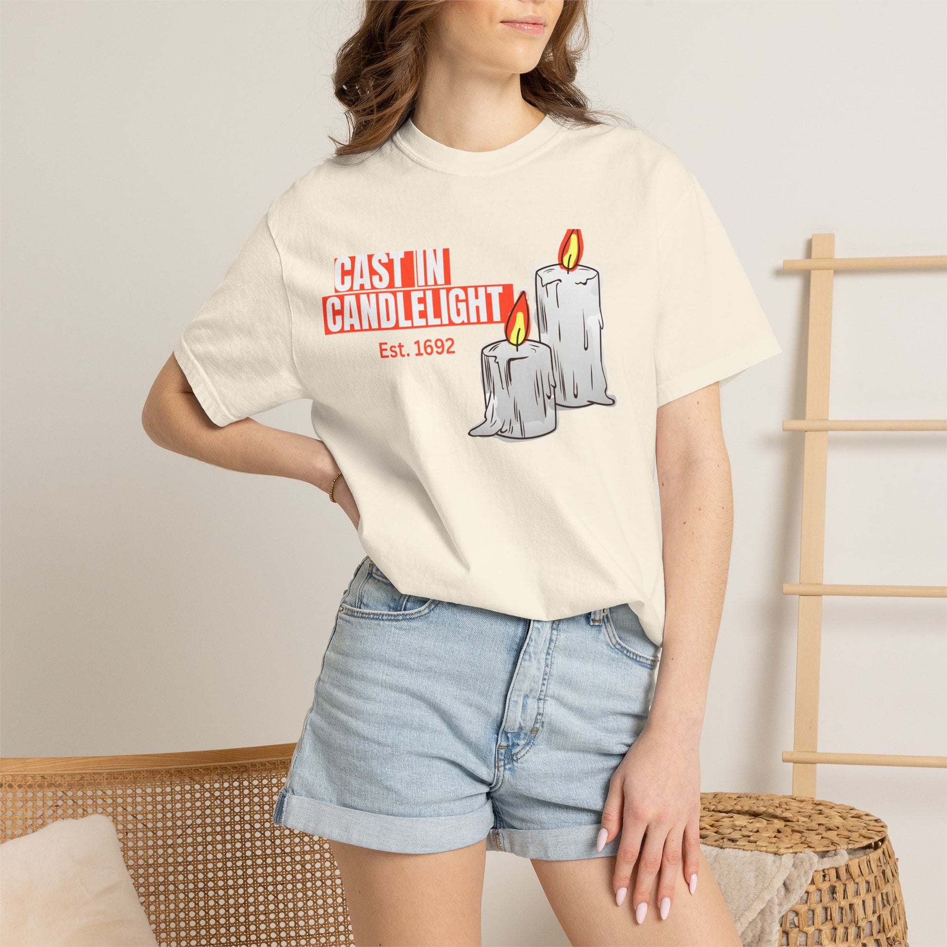 Salem 1692 witch aesthetic shirt displayed in multiple colorways on dark wooden surface