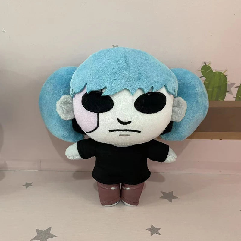 Sally Face Sal Fisher plush soft minky stuffed figure blue hair and prosthetic face front view

