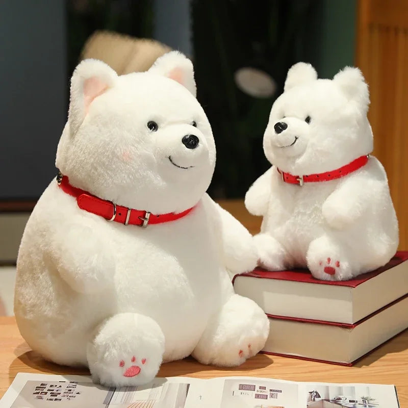 Samoyed stuffed animal red collar detail close up view