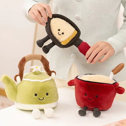 Kawaii Kitchen Plushies | Green Teapot, Hotpot & Frying Pan Amuseable Style Food Plush Decor