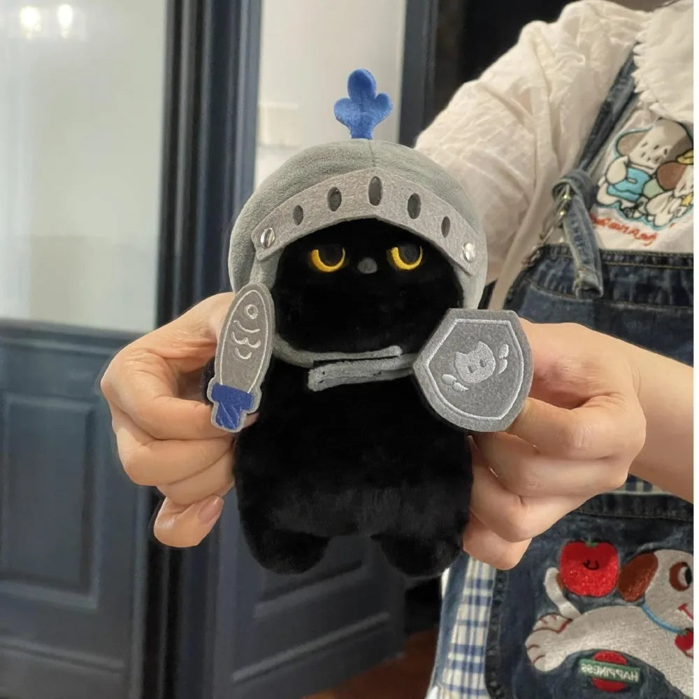 Black Cat Knight Plush Pendant - Handmade Fantasy Armor Cat Stuffed Toy 16cm