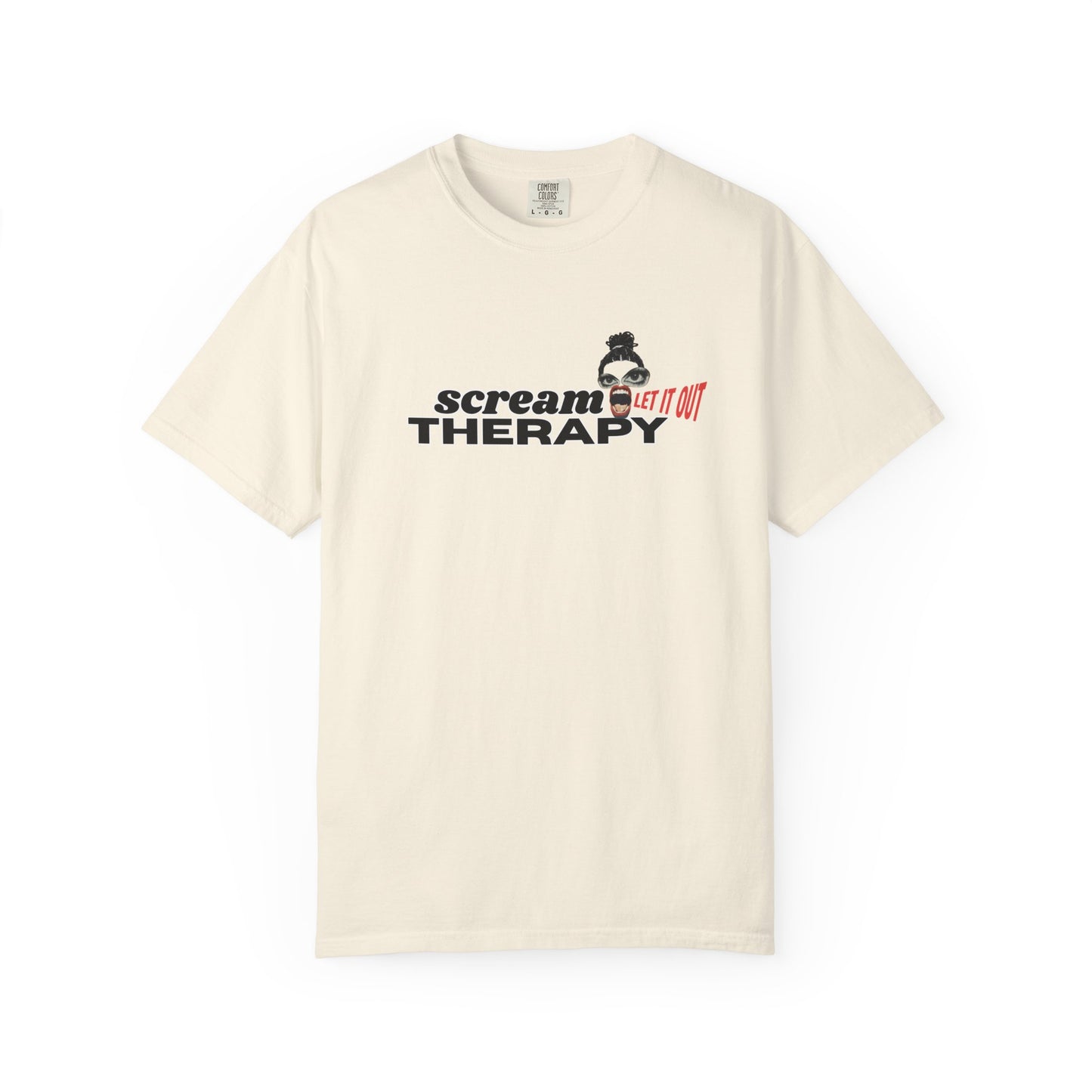 Scream tee front view – vintage retro serif SCREAM text with open-mouth collage character