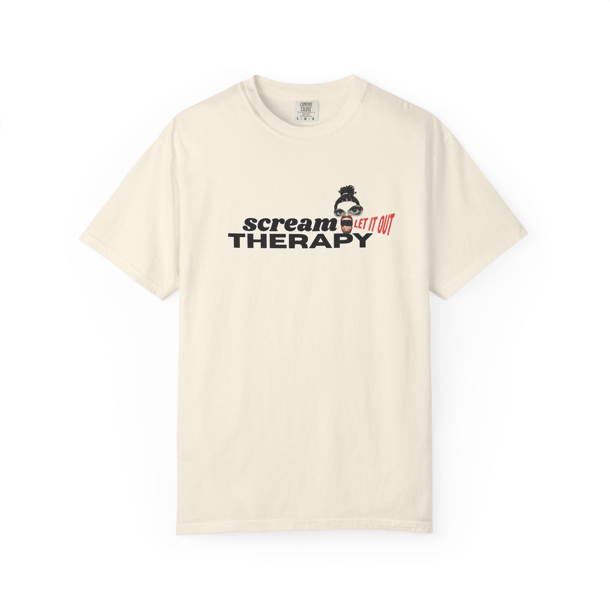 Scream tee front view – vintage retro serif SCREAM text with open-mouth collage character