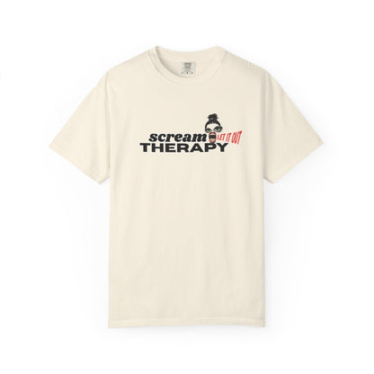 Scream tee front view – vintage retro serif SCREAM text with open-mouth collage character