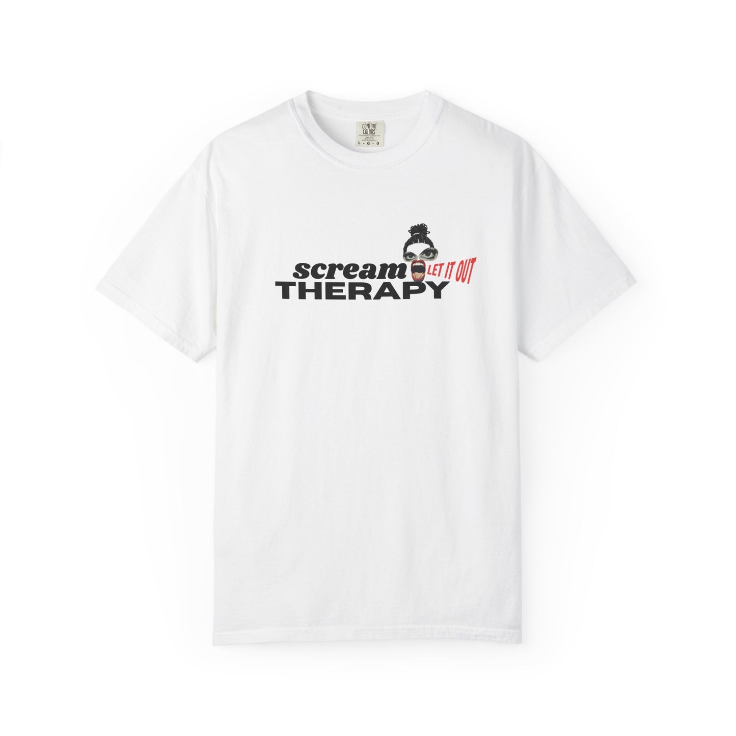 Scream therapy unisex tee with surreal magazine-collage graphic and bold typography