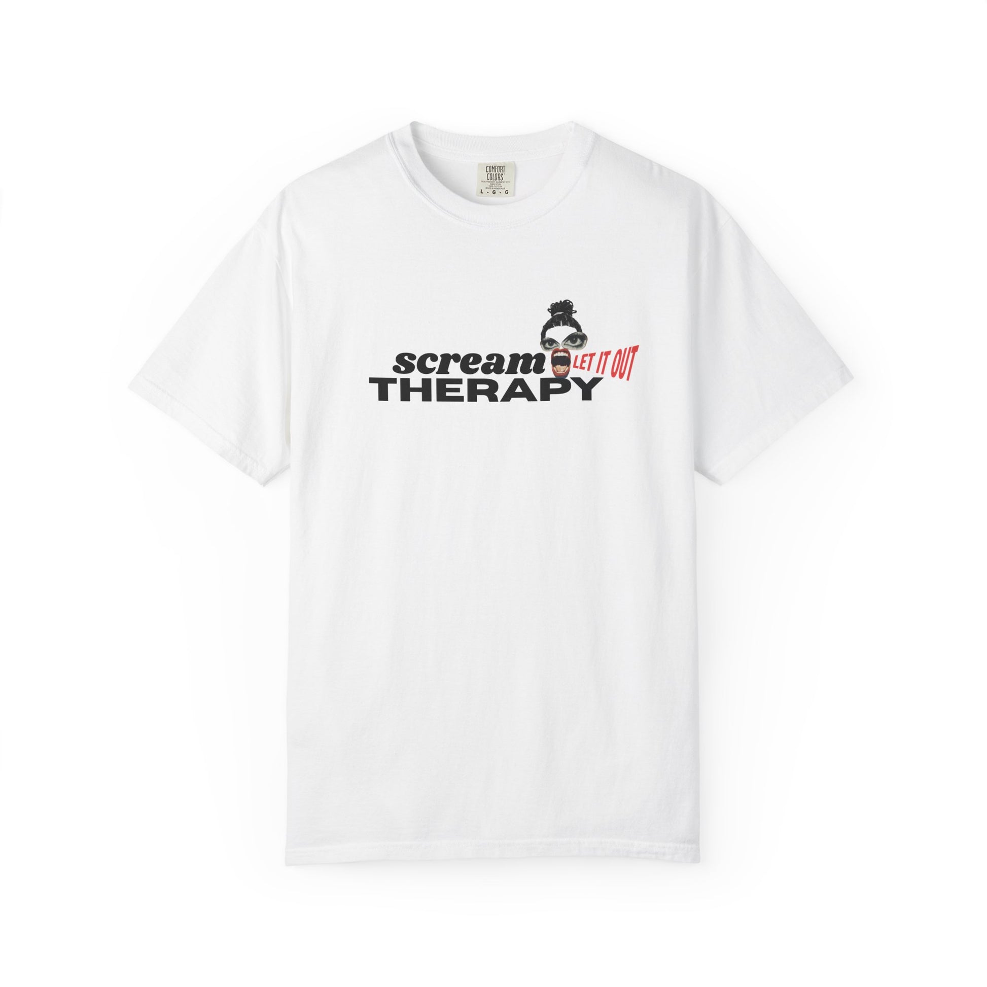 Scream therapy unisex tee with surreal magazine-collage graphic and bold typography