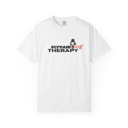 Scream therapy unisex tee with surreal magazine-collage graphic and bold typography