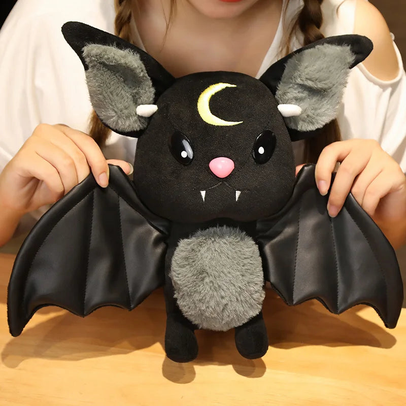 Cute Dark Series Bat Plush Doll 25cm | Pastel Goth Bat Stuffed Toy with Faux Leather Wings and Occult Symbols