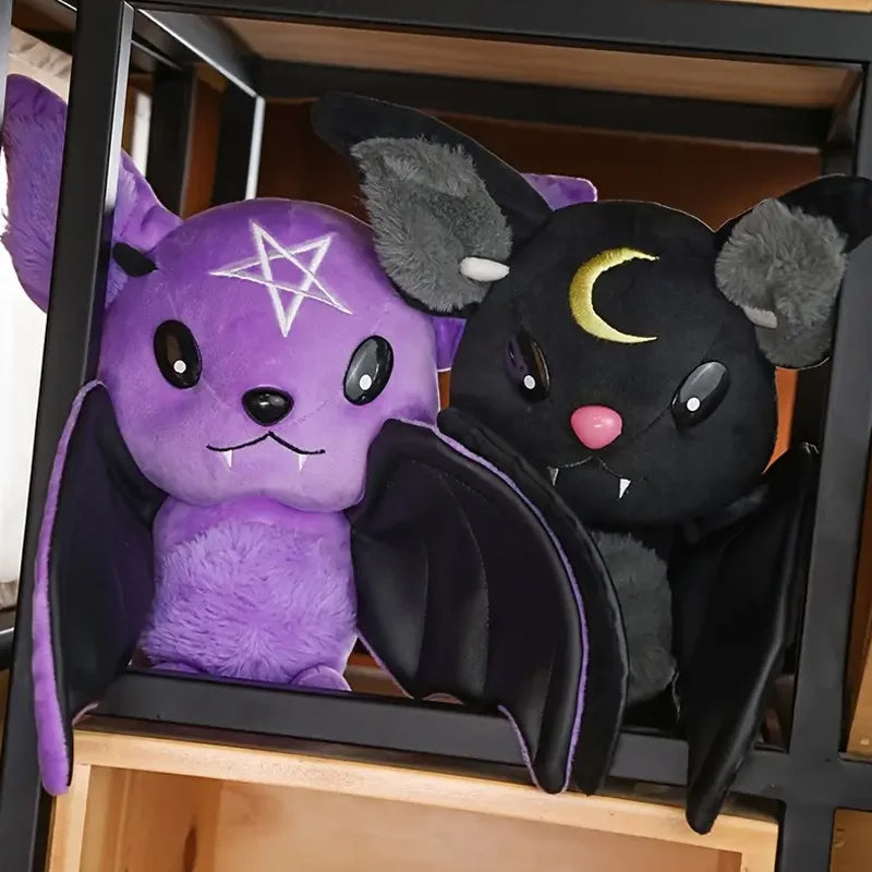 Cute Dark Series Bat Plush Doll 25cm | Pastel Goth Bat Stuffed Toy with Faux Leather Wings and Occult Symbols
