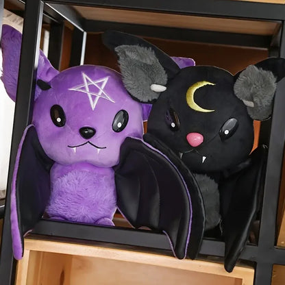 Cute Dark Series Bat Plush Doll 25cm | Pastel Goth Bat Stuffed Toy with Faux Leather Wings and Occult Symbols