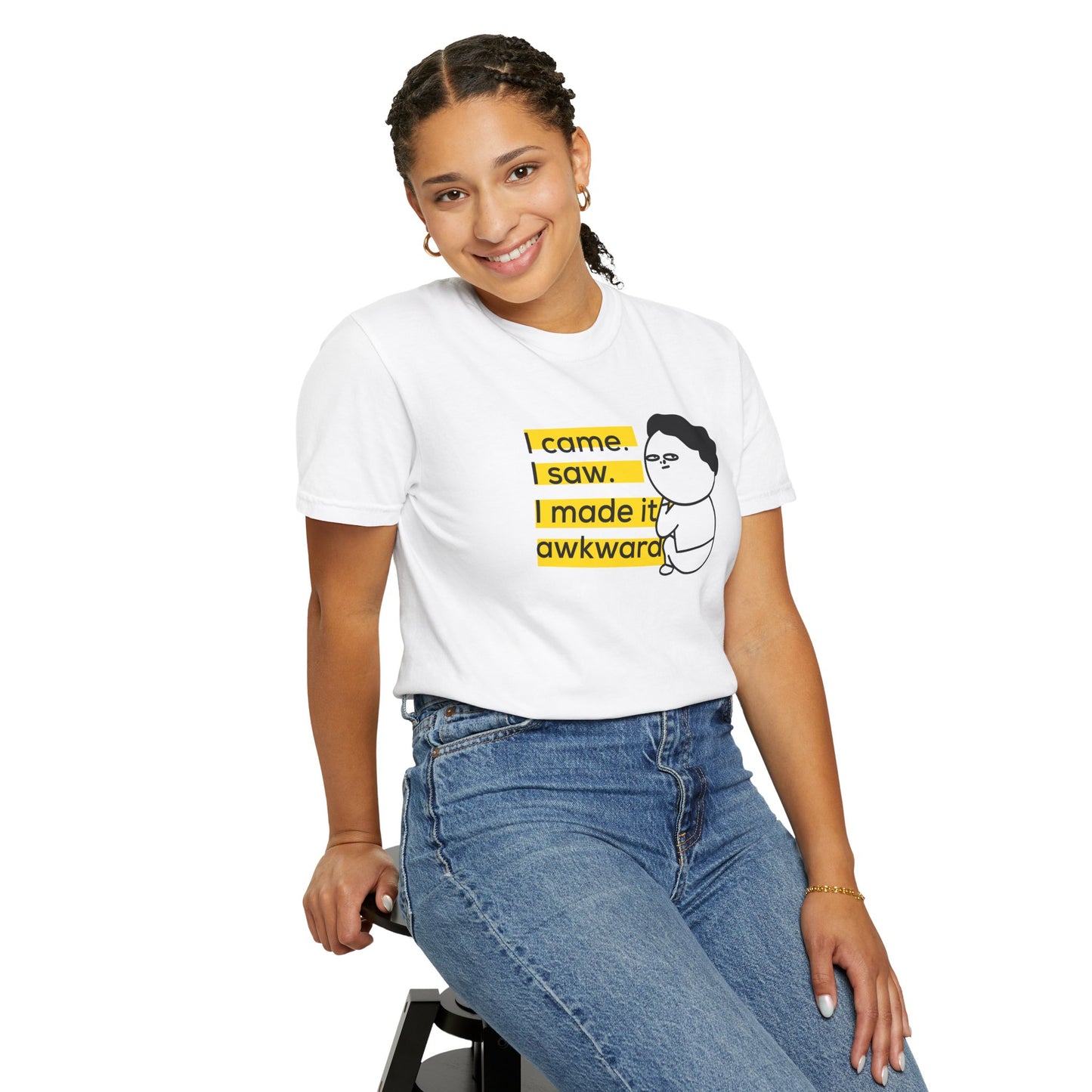 Self-deprecating humor t-shirt Caesar parody worn lifestyle flat lay
