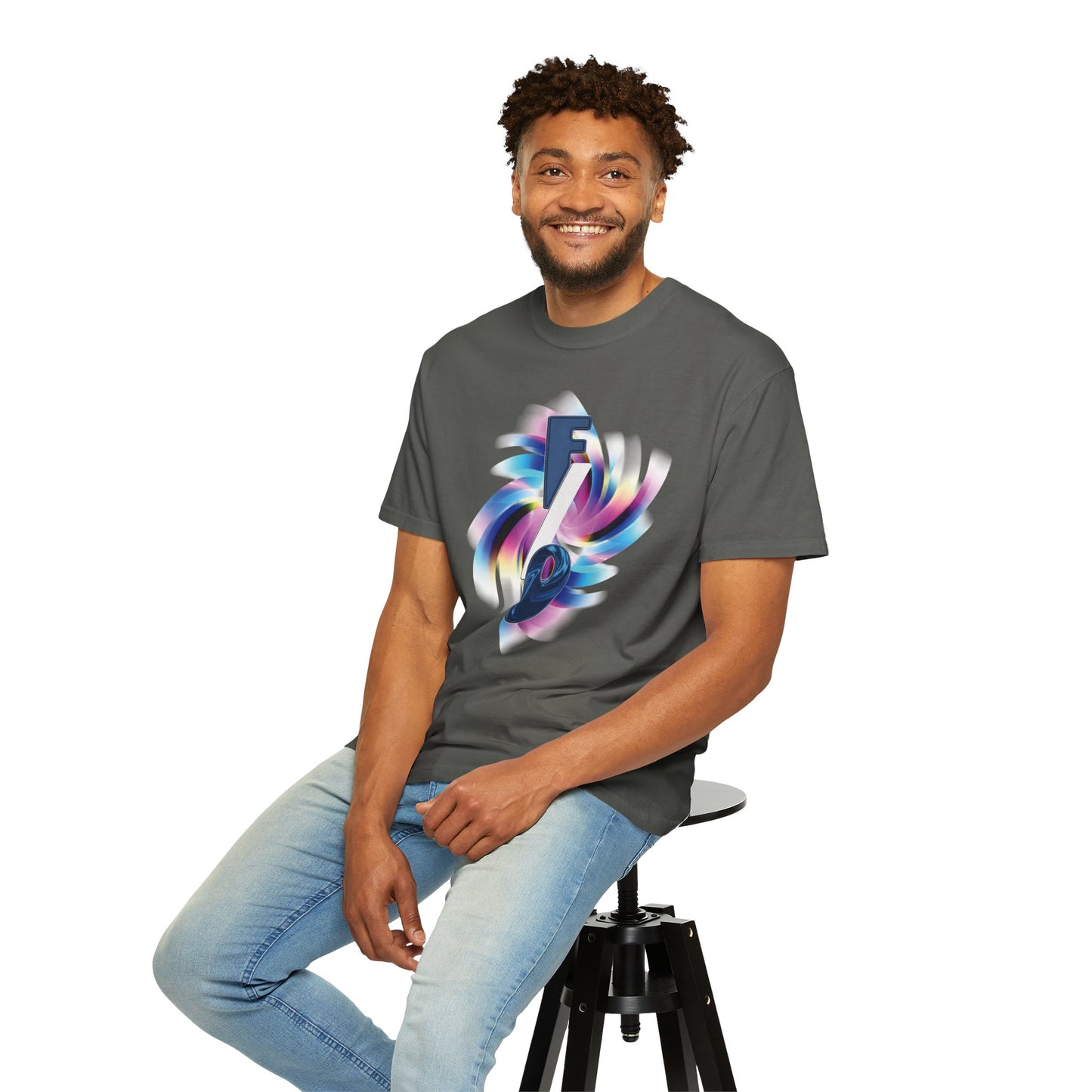Self-insert fan tee flat lay, FO vortex graphic with swirling indigo and magenta tones
