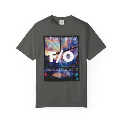 Self-ship community tee with surreal dreamscape print, water lilies and glowing light beams
