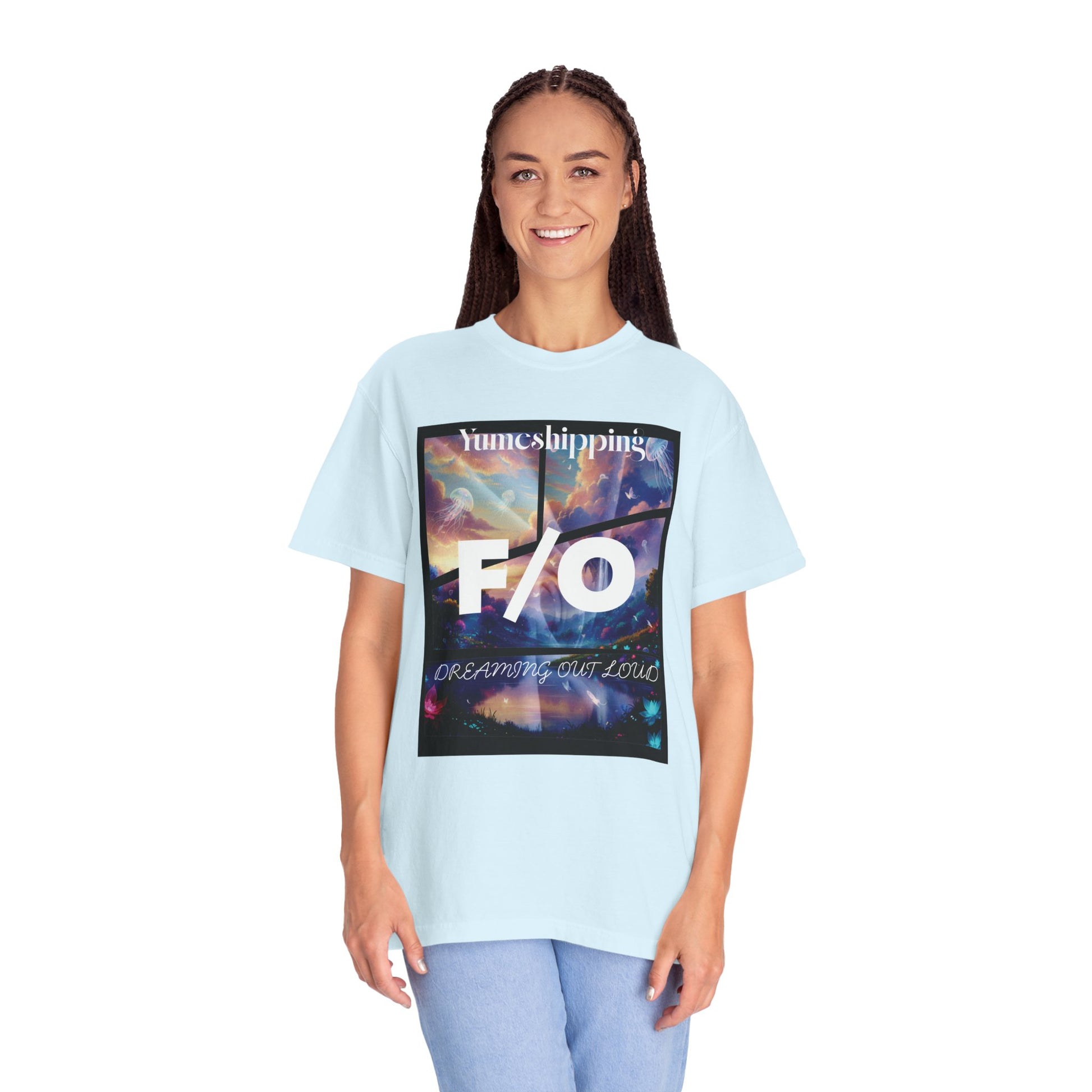 Self-shipper fashion tee with dark fantasy background, neon flora, and cursive DREAMING OUT LOUD