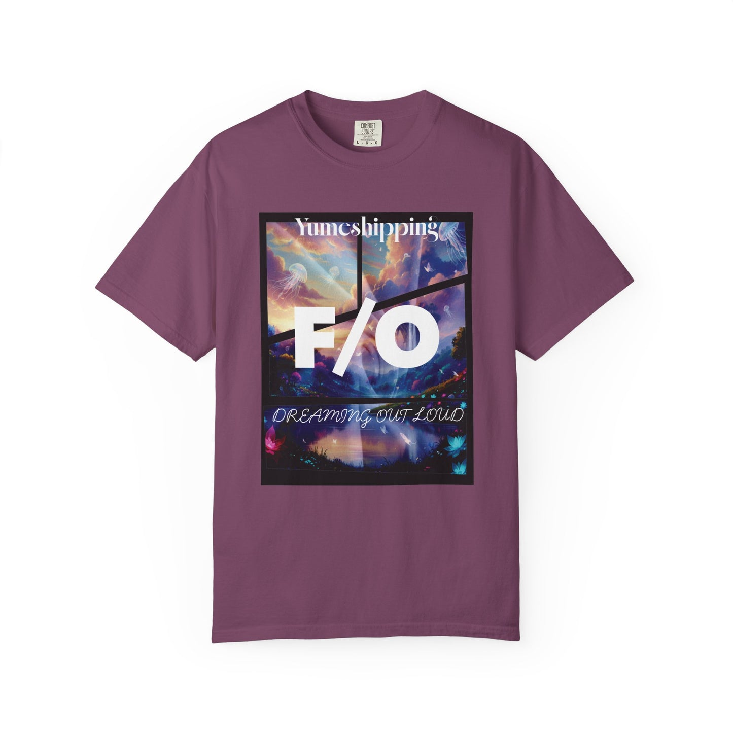 Self-shipping shirt detail shot of glowing neon flora and luminous lake dreamscape

