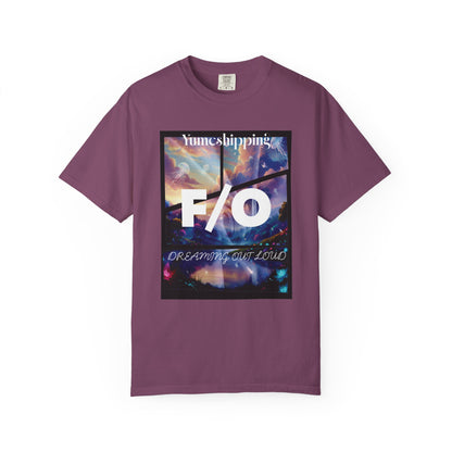 Self-shipping shirt detail shot of glowing neon flora and luminous lake dreamscape

