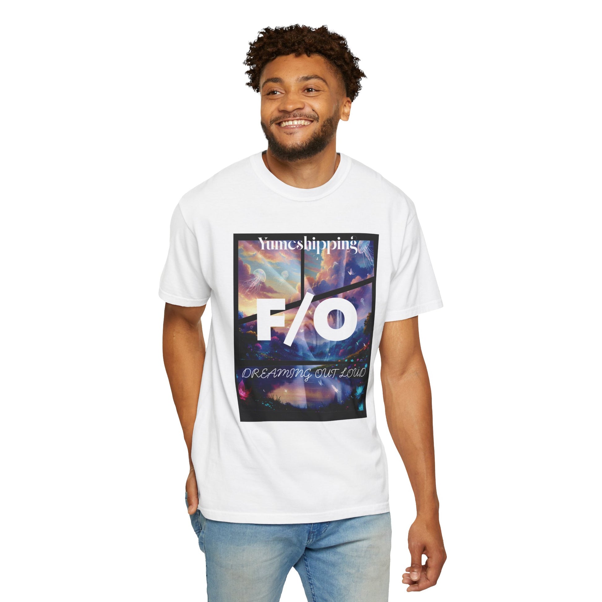 Self-shipping shirt featuring surreal anime aesthetic with glowing neon flora and pastel clouds