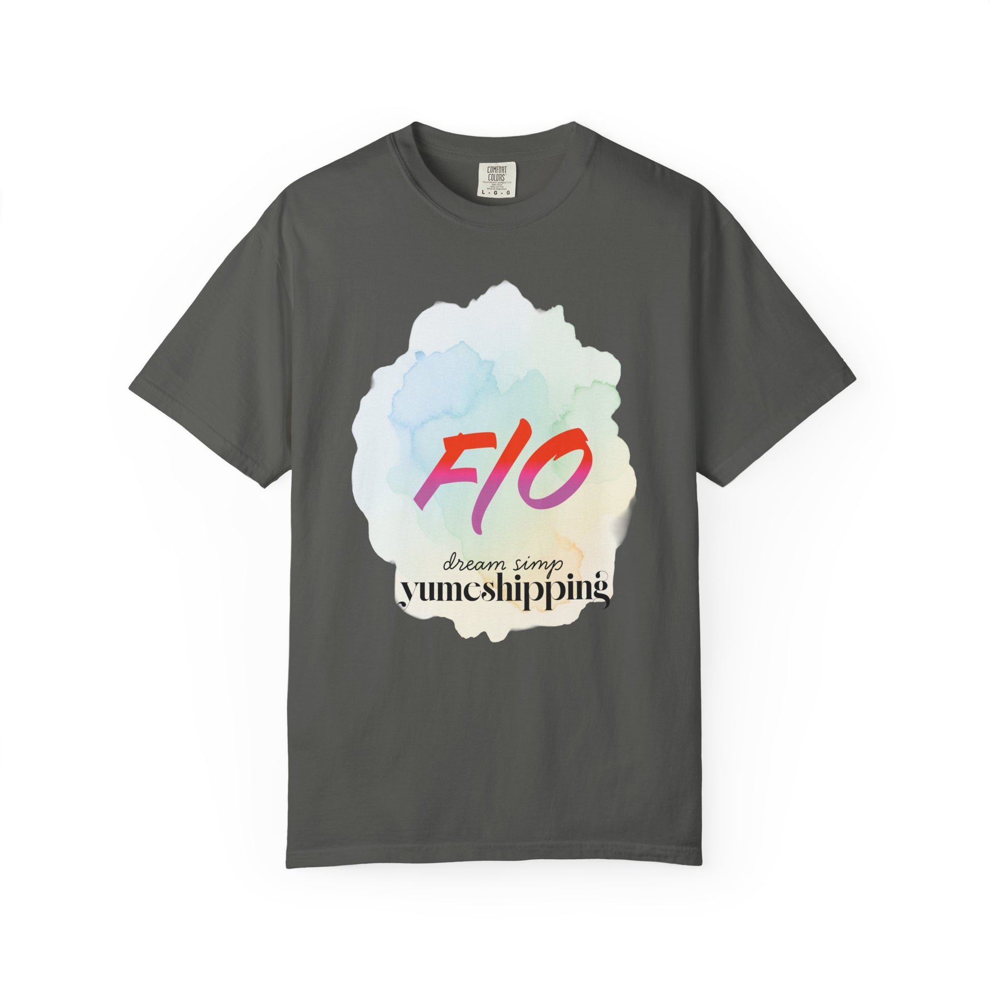 Self-shipping tee featuring washed pastel halo and vibrant watercolor logo design
