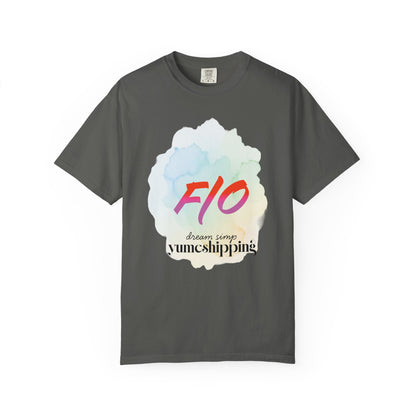 Self-shipping tee featuring washed pastel halo and vibrant watercolor logo design
