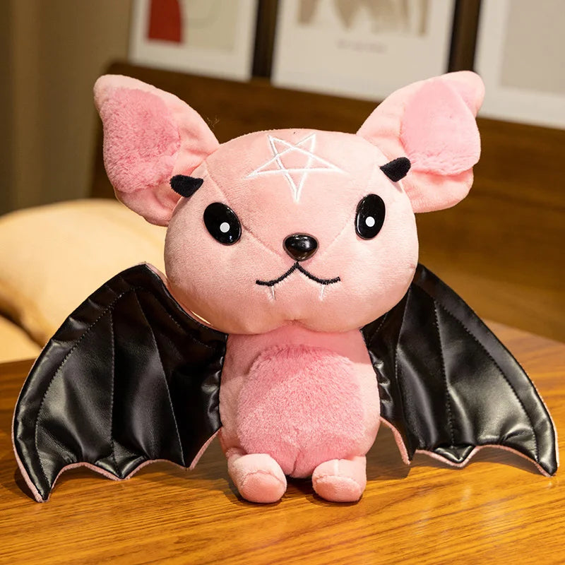 Cute Dark Series Bat Plush Doll 25cm | Pastel Goth Bat Stuffed Toy with Faux Leather Wings and Occult Symbols