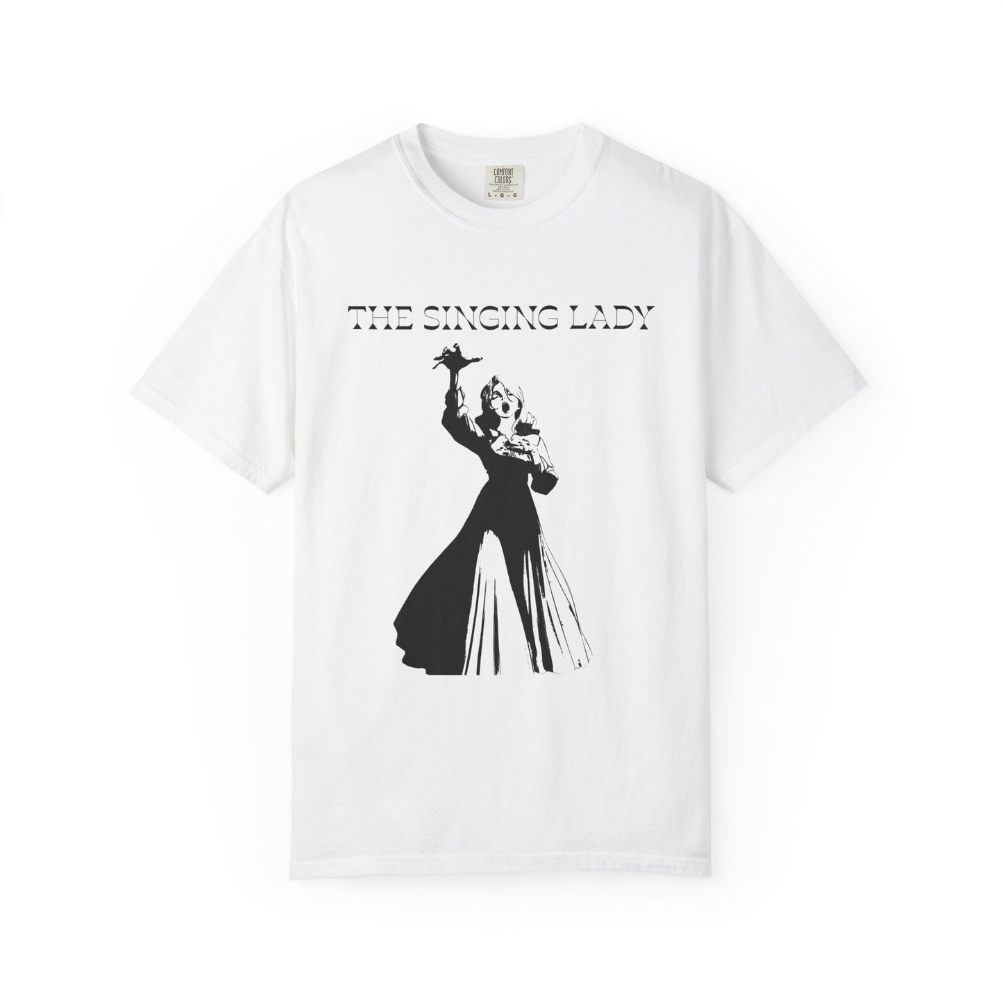 Shadow aria printed tees featuring a white on black singing lady graphic
