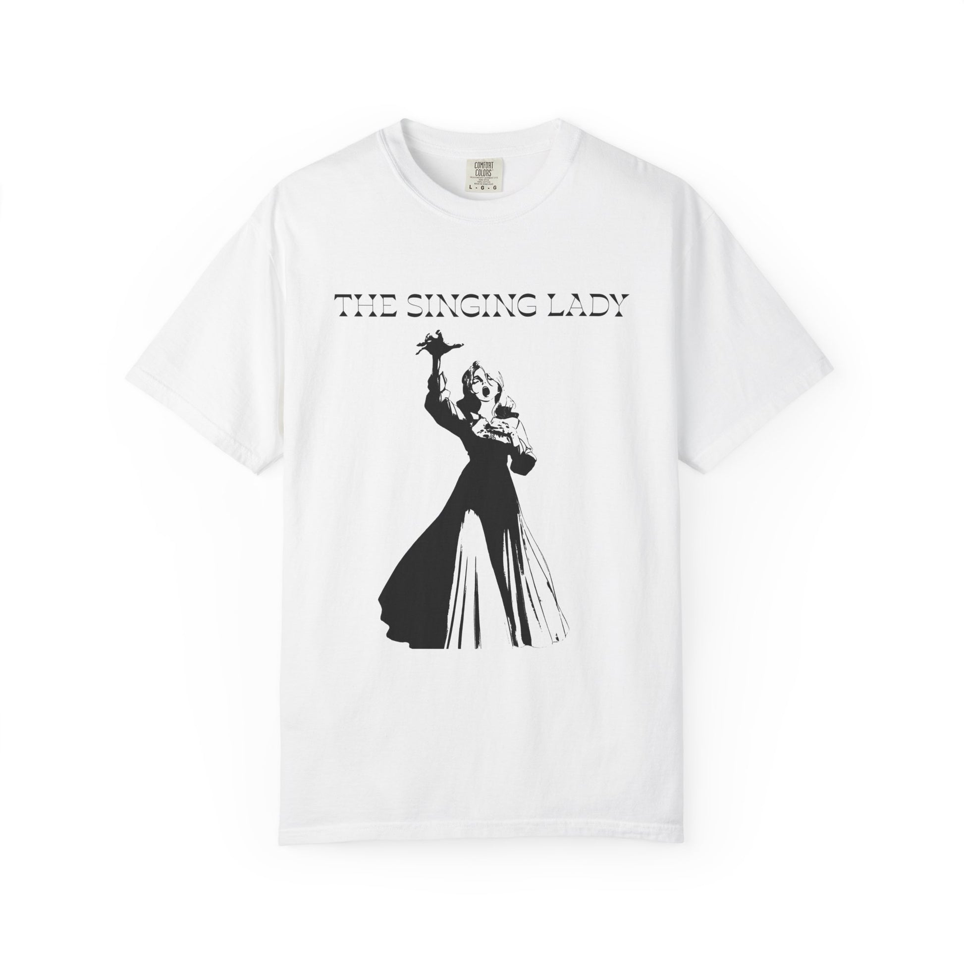 Shadow aria printed tees featuring a white on black singing lady graphic

