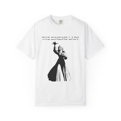 Shadow aria printed tees featuring a white on black singing lady graphic
