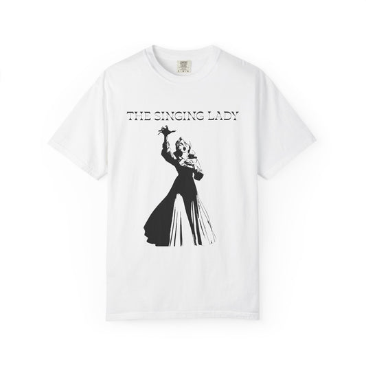Shadow aria printed tees featuring a white on black singing lady graphic
