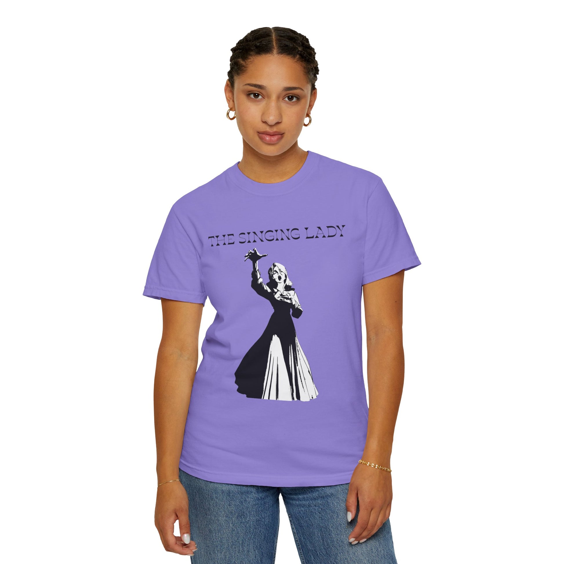 Shadow aria printed tees front and back view shown side by side
