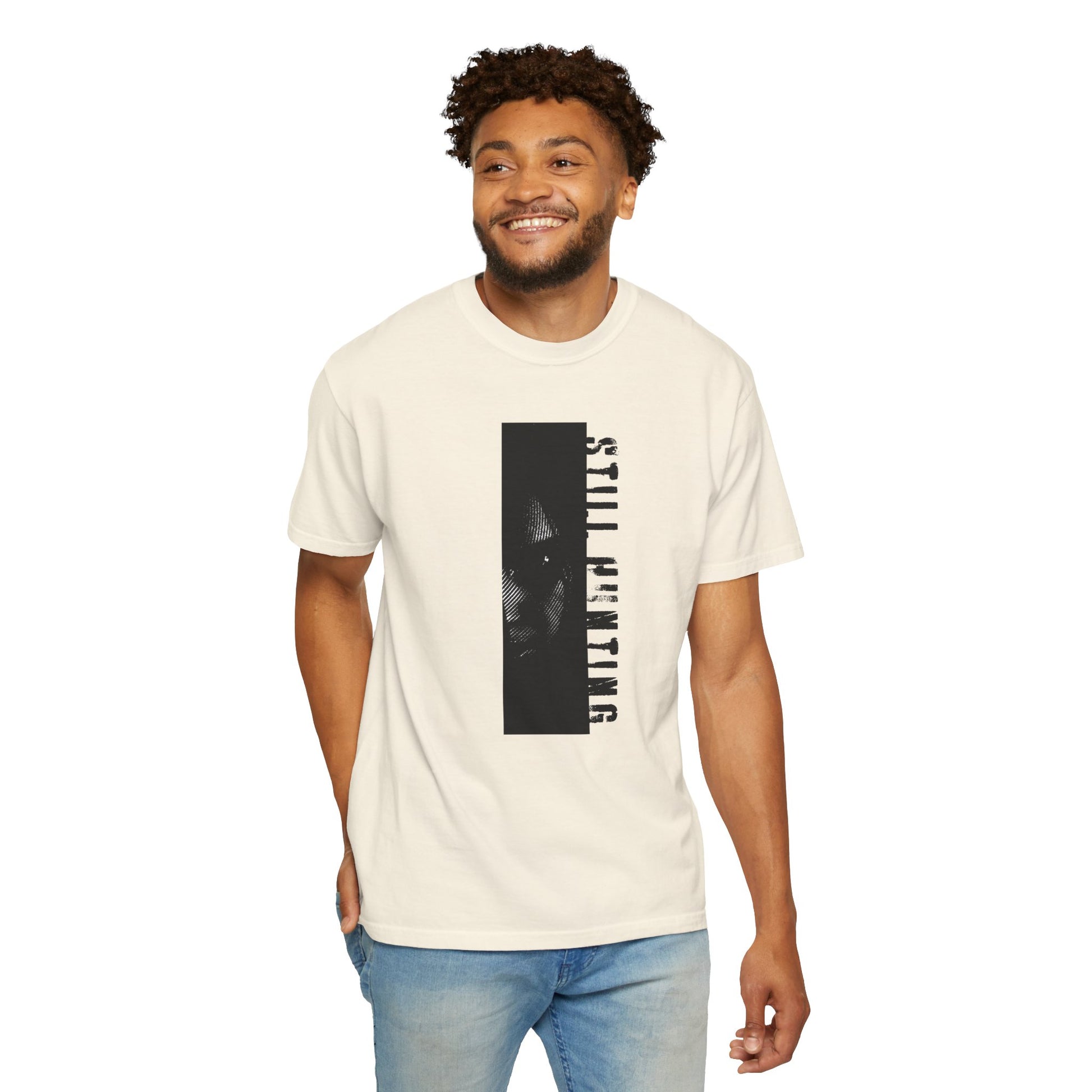 Shadow investigator graphic tee ghost mannequin front view white studio background
