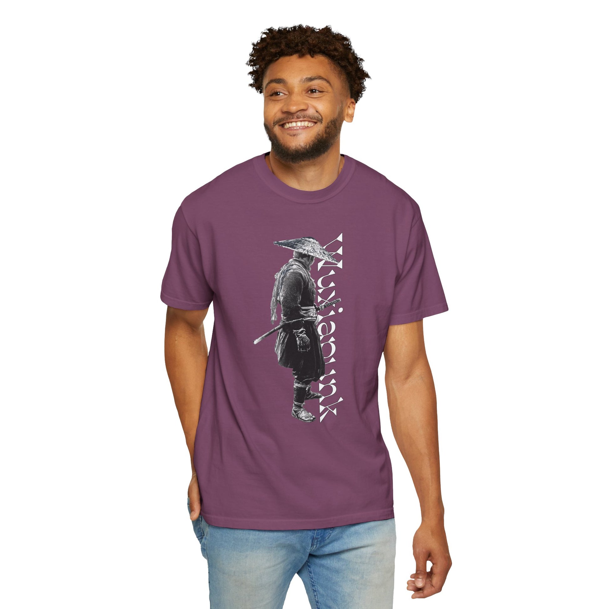Shadowy jianghu wanderer straw hat graphic heavyweight garment dyed cotton tee