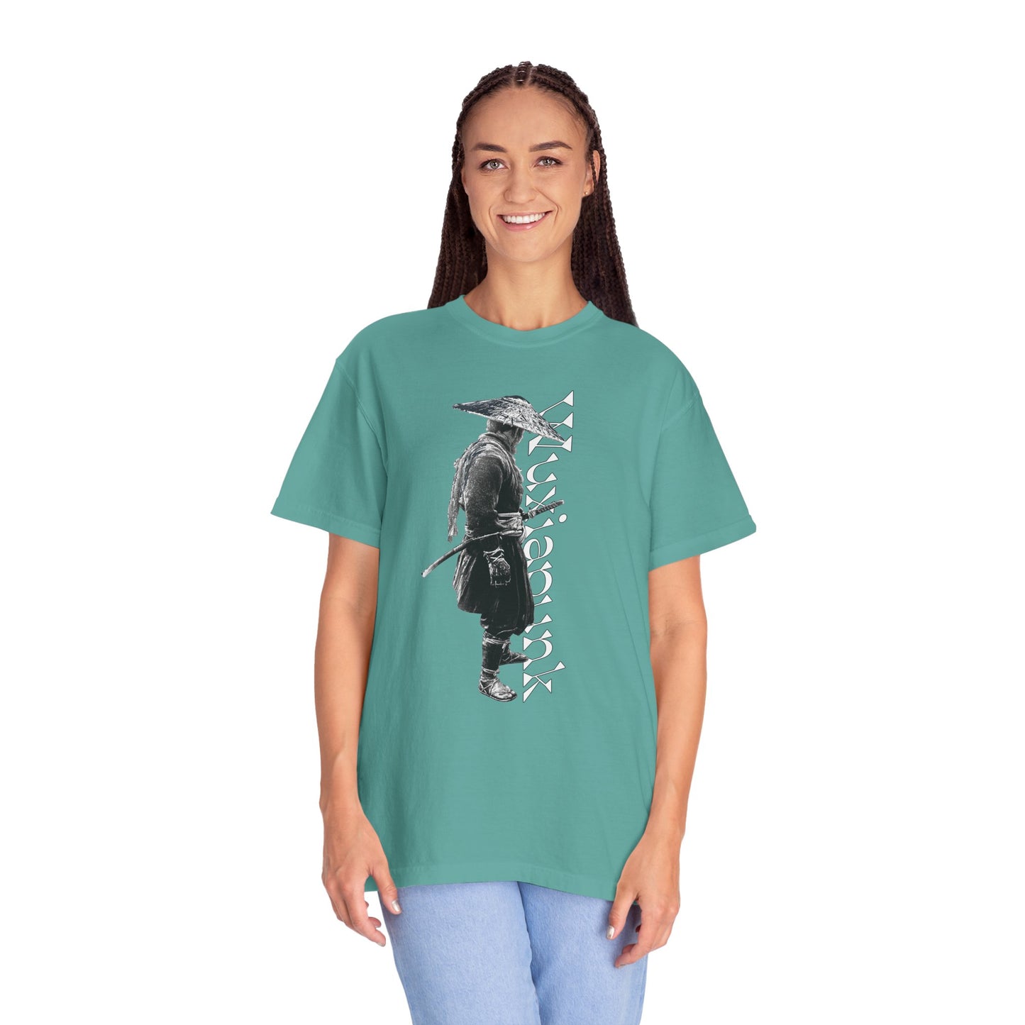 Shadowy ronin drifter graphic heavyweight garment dyed tee dark wuxia katana design