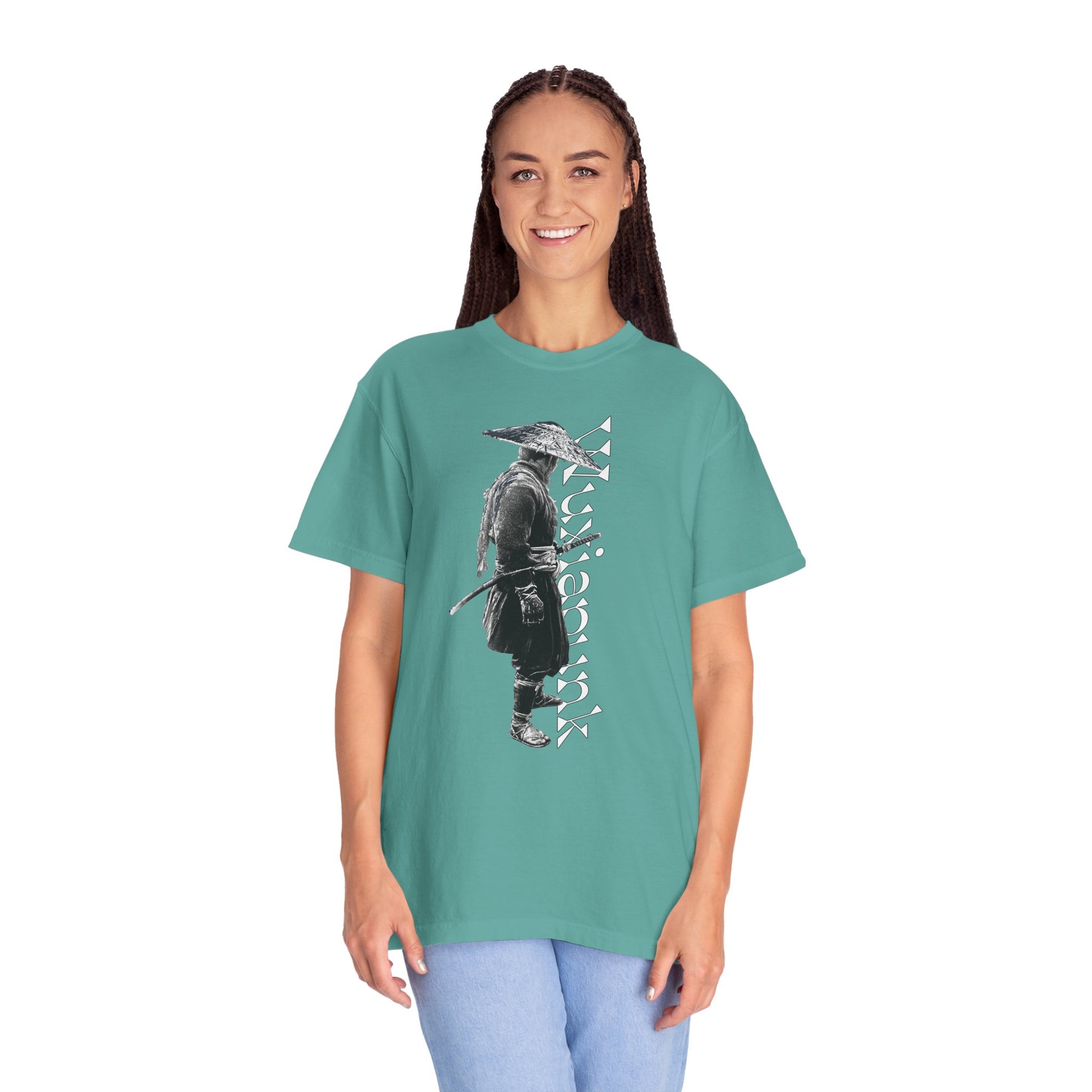 Shadowy ronin drifter graphic heavyweight garment dyed tee dark wuxia katana design