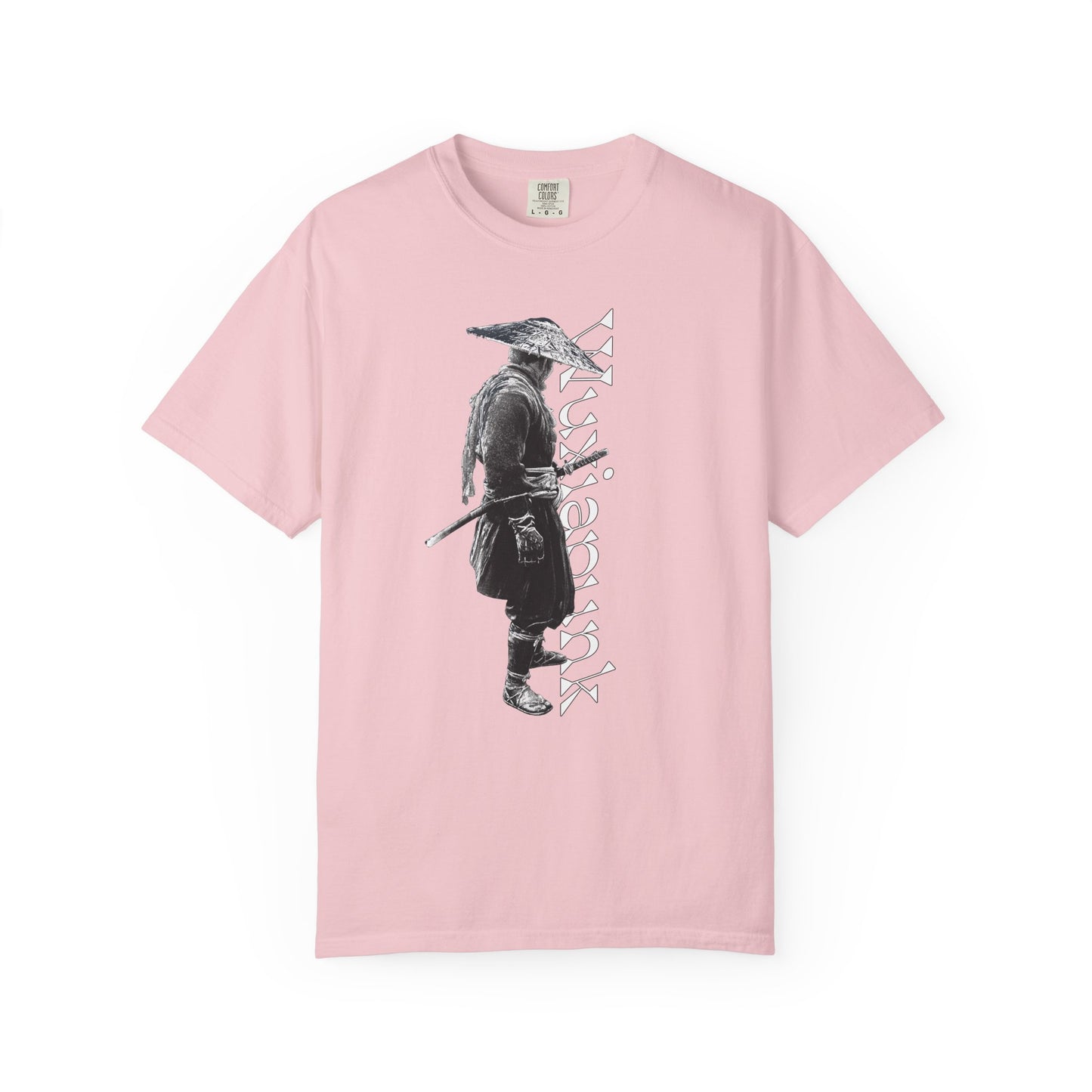 Shadowy straw hat swordsman graphic heavyweight garment dyed tee dark wuxia ronin design