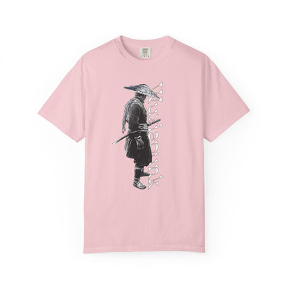 Shadowy straw hat swordsman graphic heavyweight garment dyed tee dark wuxia ronin design