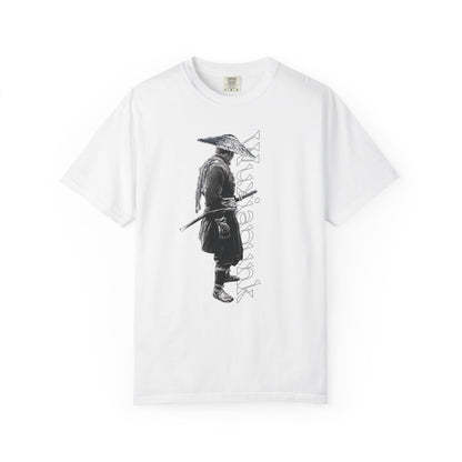 Shadowy straw hat swordsman graphic on a heavyweight garment dyed tee
