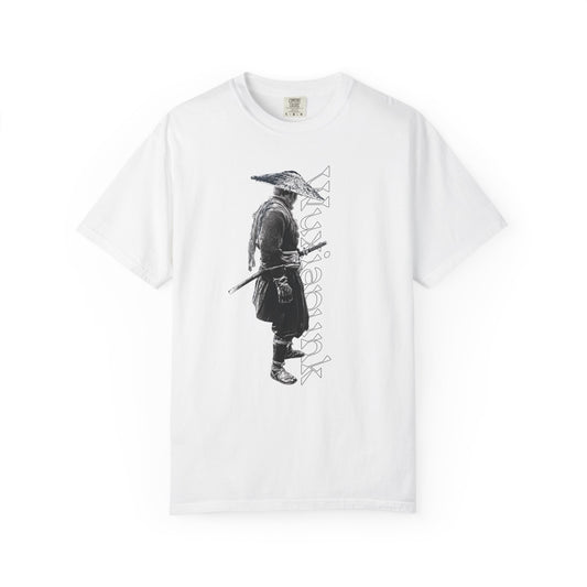 Shadowy straw hat swordsman graphic on a heavyweight garment dyed tee
