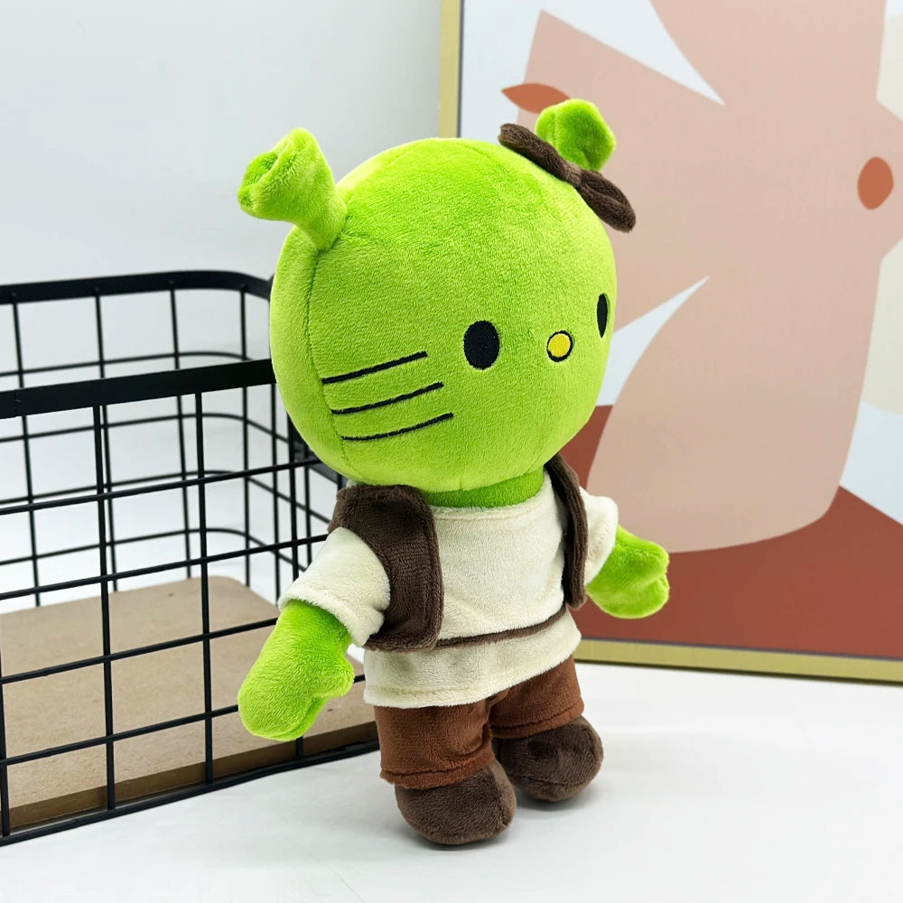 Shrek aesthetic plush sitting on a bed for room decor