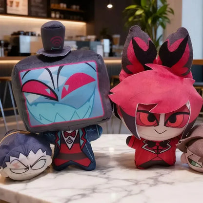 Side angle of the vox hazbin hotel plush highlighting his pinstripe suit.