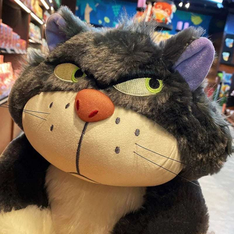 Side eye cat plushie displayed on bedroom shelf alongside other plush collectibles
