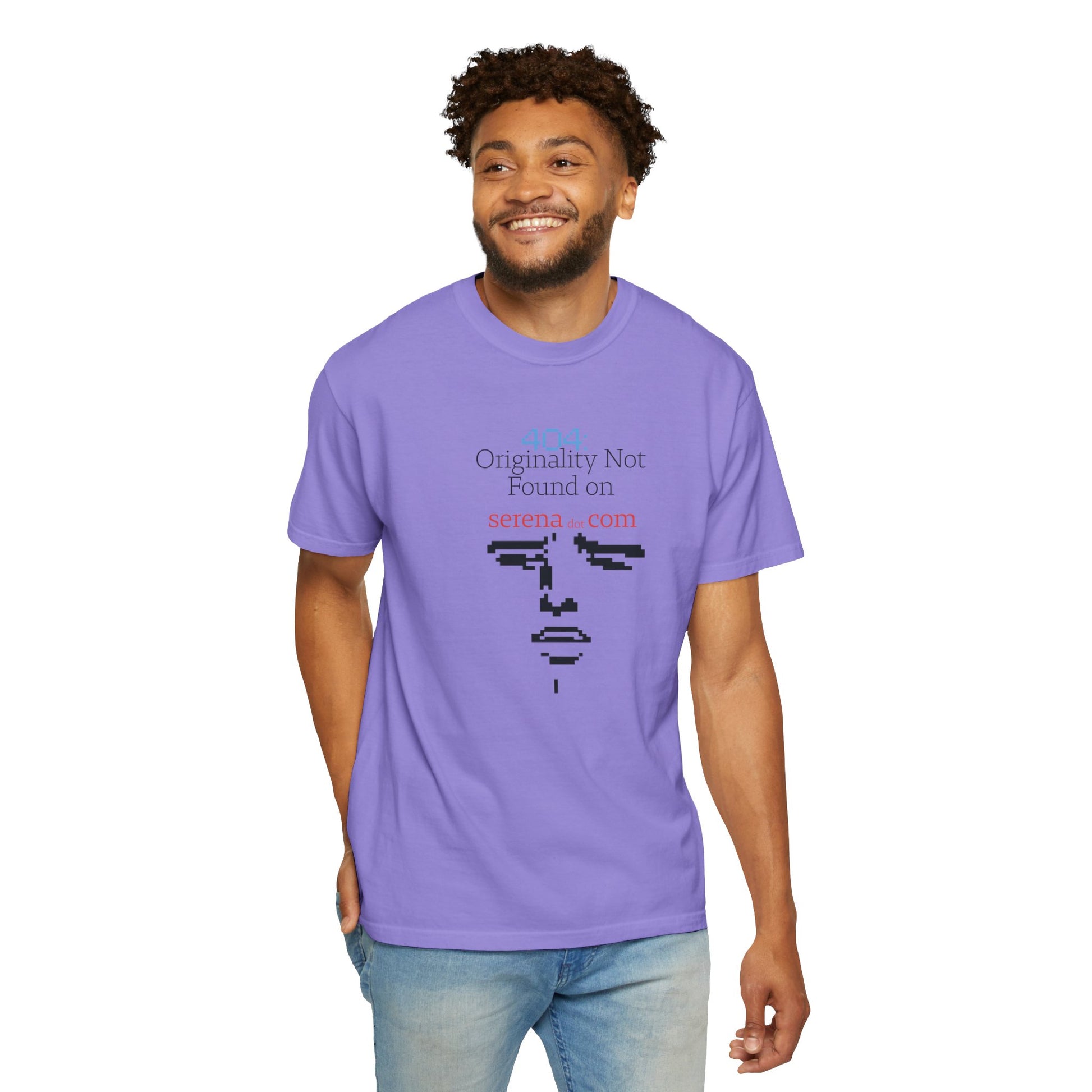 Side profile model wearing anti copycat shirt by Aprasi with hands in pockets
